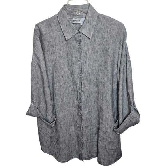 Chico's 2 Gray/ White Striped Linen  Button Front 3/4 Length Sleeve Blouse - Picture 2 of 5
